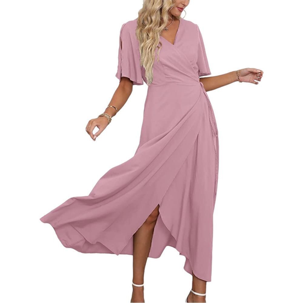 V Neck Short Sleeve Split Wrap Maxi Dress Waist Tie Casual Flowy Long Dress